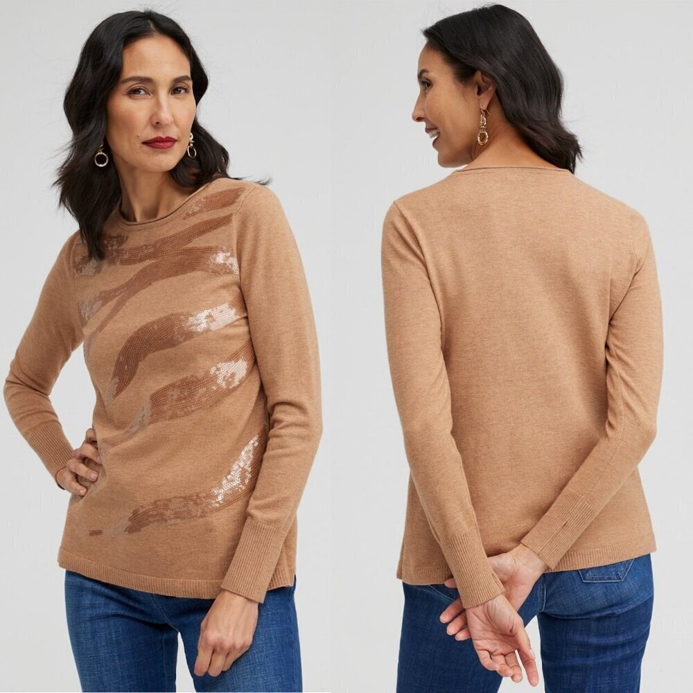 New Chico's ECOVERO Sequin Animal Print Soft Sweater Size 0 US S